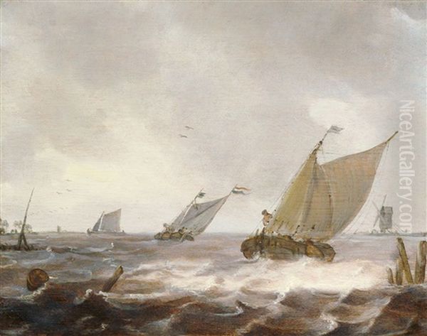 Fischkutter Auf Bewegter See In Kustennahe Oil Painting by Julius Porcellis