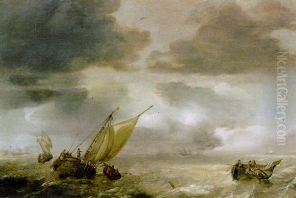 A Wijdschip Lowering Sails With Fishermen In A Rowing Boat Hauling In Their Nets, As A Storm Approaches Oil Painting by Julius Porcellis