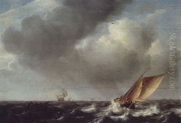 A Smalschip, Fishermen's Boat And Other Vessels On Choppy Seas Oil Painting by Julius Porcellis