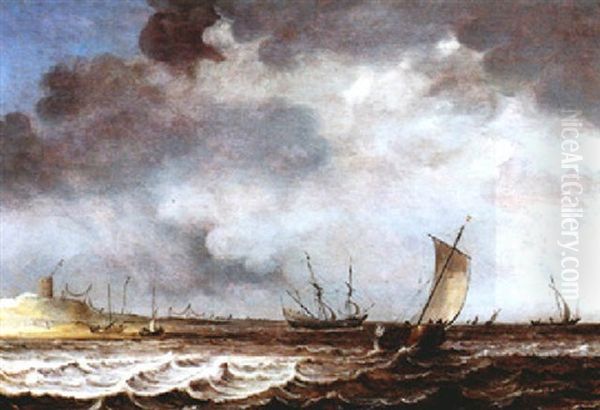 Segelschiffe Vor Der Kuste Auf Bewegter See Oil Painting by Julius Porcellis