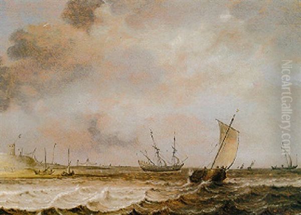 A Dutch Hoeker, A Frigate And Other Shipping In Choppy Seas Offshore Oil Painting by Julius Porcellis