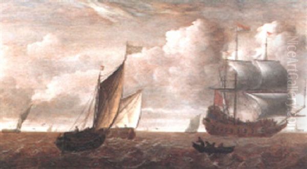 Dutch Pinks, A Man O'war And Other Vessels Off Dordrecht Oil Painting by Julius Porcellis