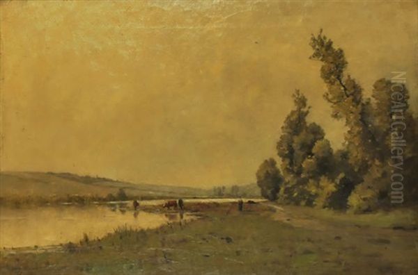 Vaches En Bord De Riviere Oil Painting by Albert Porcher