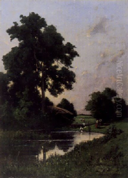 Landschaft Mit Waschenden Frauen Am Weiher Oil Painting by Albert Porcher