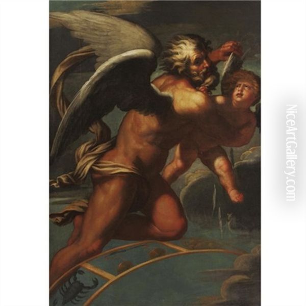 Time Plucking The Wings Of Eros Oil Painting by  Pordenone (Giovanni Antonio)