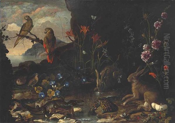 Hares, A Tortoise, A Crocodile, Frogs, Quails, A Hedgehog, Butterflies, Dragonflies And Parakeets By A Pool, With Flowers, Strawberries And A River Oil Painting by Paolo Porpora