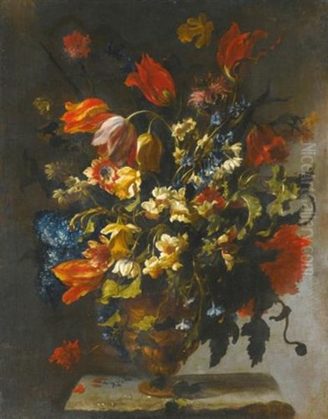 A Still Life With Narcissi, Daffodils, Clematis, Tulips, Carnations And Other Flowers In An Ornamental Vase On A Stone Ledge Oil Painting by Paolo Porpora