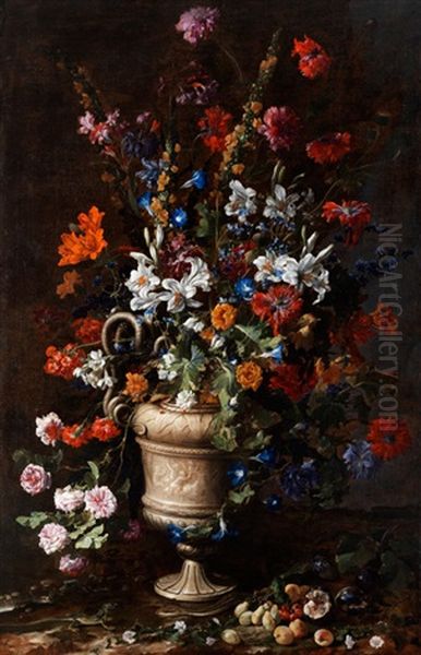 Grosses Stilleben Mit Blumenvase, Fruchten, Schlange Und Eidechse by Paolo Porpora