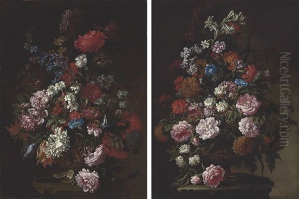 Peonies And Other Flowers In An Urn On A Ledge (+ Chrysanthemums And Other Flowers In An Urn On A Ledge; Pair) Oil Painting by Paolo Porpora