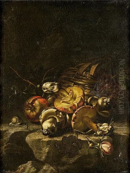 A Basket Of Grapes With Mushrooms And A Snail On A Stone Ledge by Paolo Porpora