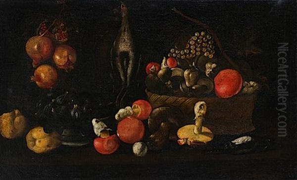 Nature Morte A La Coupe De Figues, Panier De Champignons Et Grenade Oil Painting by Paolo Porpora