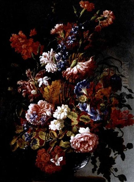 A Still Life Of Poppies, Convolvulus, Roses, Fritillaries, Nasturtiums And Jasmine In A Glass Vase, Resting On A Stone Ledge Oil Painting by Paolo Porpora