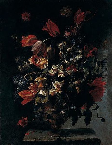 A Still Life Of Narcissi, Dafodils, Clemantis, Tulips, Carnations And Other Flowers In An Ornamental Vase On A Stone Pedestal Oil Painting by Paolo Porpora