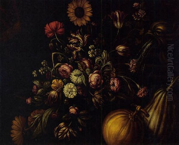 Stilleven Met Bloemen, Watermeloen En Beeld Oil Painting by Paolo Porpora