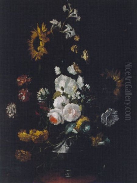 Roses, Sunflowers, Carnations, Narcissi, Morning Glory And Other Flowers In An Urn On A Pedestal Oil Painting by Paolo Porpora