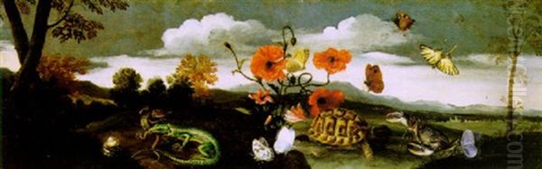 Natura Morta Con Fiori, Farfalle, Tartaruga, Granchio E Lucertola In Un Paesaggio Oil Painting by Paolo Porpora