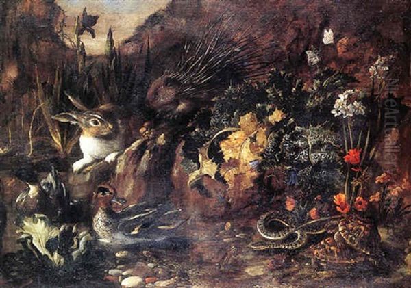 Forest Floor Still Life With A Porcupine, Rabbit, Ducks, Tortoises, And A Snail Oil Painting by Paolo Porpora