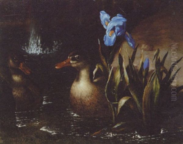 Ducks On A Pond With Irises And A Toad On The Bank by Paolo Porpora