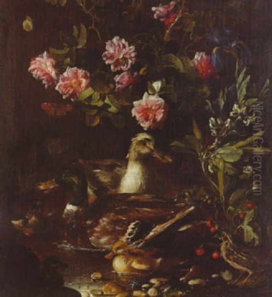 Ducks On A Pond With Roses, Irises, A Strawberry Plant, Butterflies And A Quail On A Bank Oil Painting by Paolo Porpora