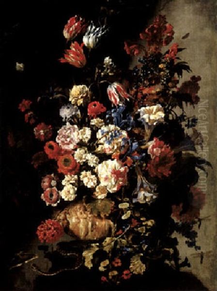 A Still Life Of Flowers In An Urn, With Butterflies And A Snake Oil Painting by Paolo Porpora