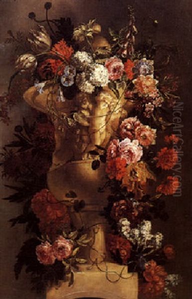 Fiori In Un Vaso Di Marno Scolpito Con Putti Oil Painting by Paolo Porpora