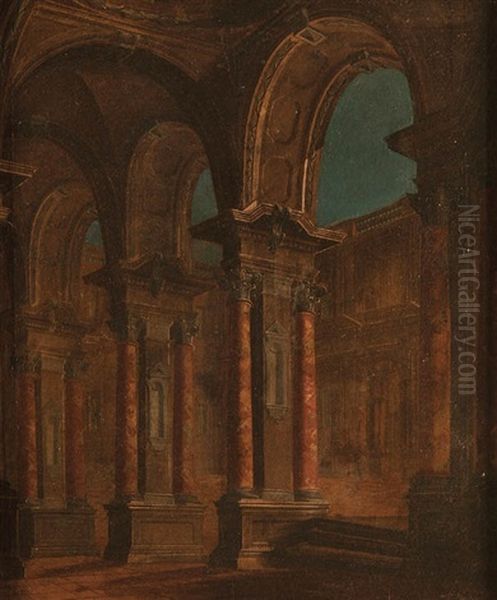 Classical Architectural Scene Oil Painting by Claudius Porroni