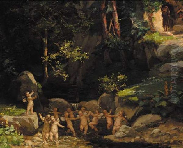 Putti Frolicking In A Woodland Pool Oil Painting by Otto Maria Porsche