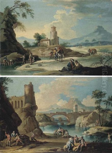 Sosta Di Soldati Presso La Riva Di Un Fiume (+ Sosta Di Viandanti Con Ponte Di Pietra In Lontananza; 2 Works) by Andrea Porta