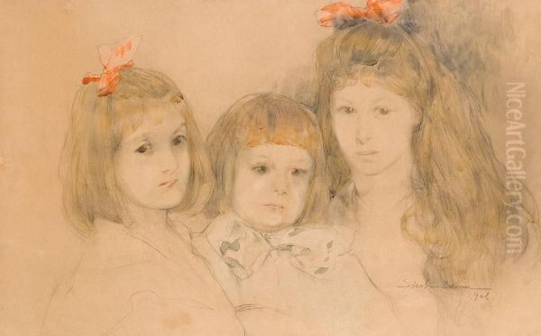 Three Children Portrait Oil Painting by Stanislaw Bohusz-Siestrzencewicz