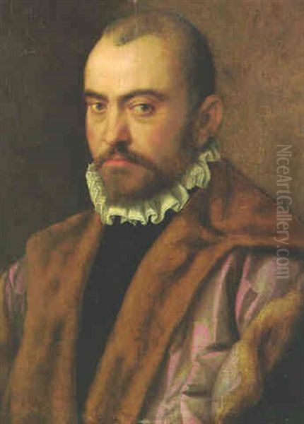 Portrait Of A Gentleman, Bust-length, Wearing A Fur-lined Cloak Oil Painting by Giuseppe (Salviati) Porta