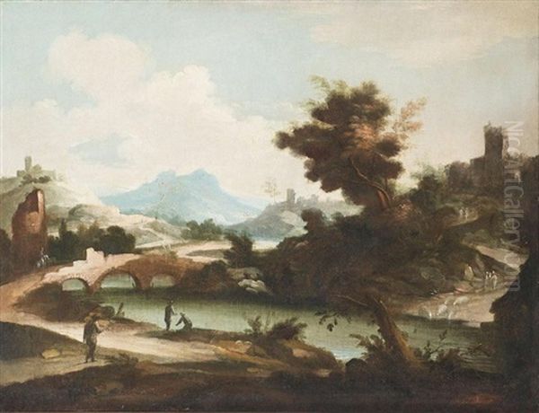 An Extensive River Landscape With Figures Fishing Oil Painting by Tomaso Porta