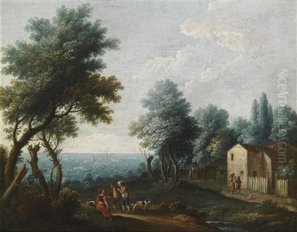 Blick Aus Einem Waldchen Mit Bauernhaus Und Figuren Auf Eine Stadt Oil Painting by Tomaso Porta