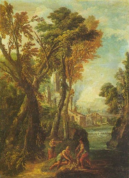 Paesaggio Con Grandi Alberi, Un Castello, Un Fiume E Tre Figure Di Contadini Oil Painting by Tomaso Porta