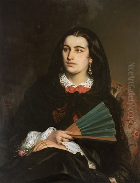 A Milanese Lady With A Fan Oil Painting by Jean-Francois Portaels