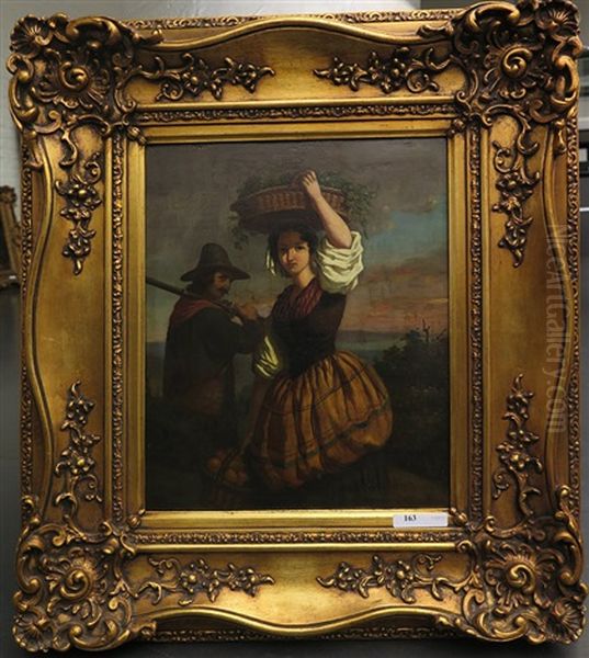 Femme Au Panier De Raisins Et Chasseur Oil Painting by Jean-Francois Portaels