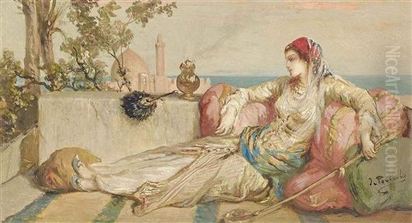 An Odalisque On The Terrace At Dusk Oil Painting by Jean-Francois Portaels