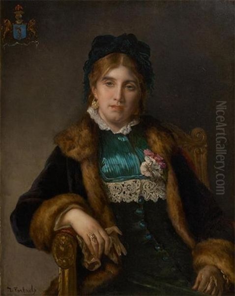 Portrait De Jeune Fille A La Paire De Gants, Portant Des Armoiries Dans La Partie Superieure Gauche Oil Painting by Jean-Francois Portaels