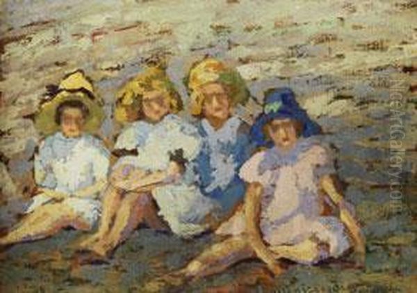 Vier Junge Madchen In Sommerkleidern Am Strand Oil Painting by Jan Bohuszewicz