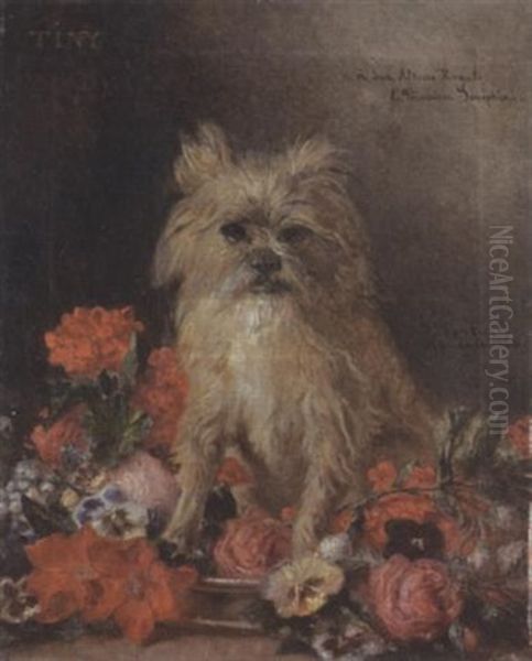 Weises Hundchen Inmitten Bluten Sitzend Oil Painting by Jean-Francois Portaels