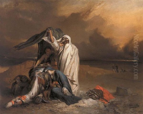 A Desert Convoy Surprised By The Simoun Oil Painting by Jean-Francois Portaels