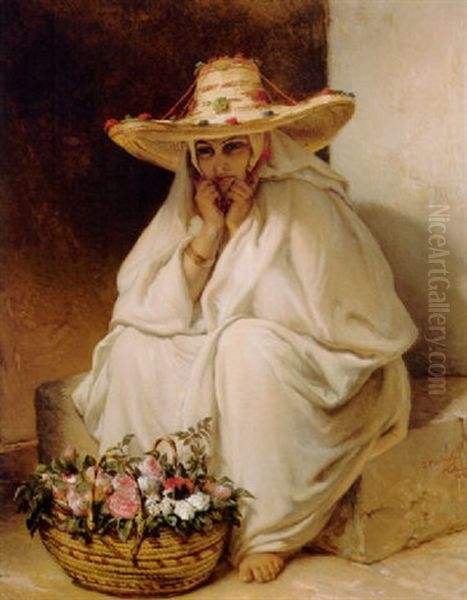 Reveuse Au Panier De Roses A Tetouan Oil Painting by Jean-Francois Portaels