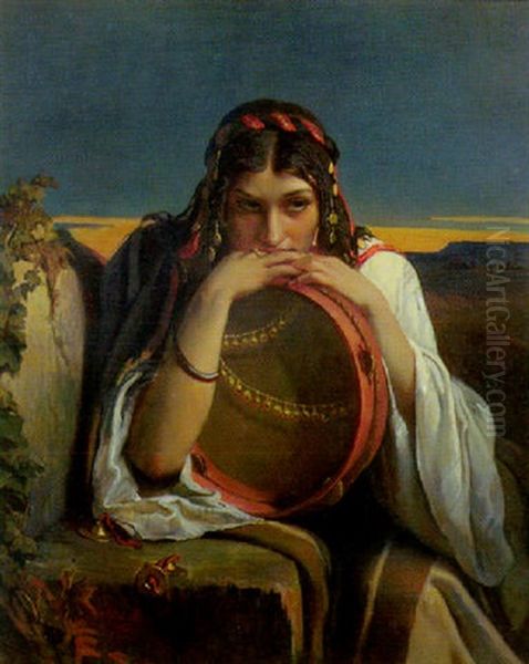 Musicienne Au Tambourine Oil Painting by Jean-Francois Portaels