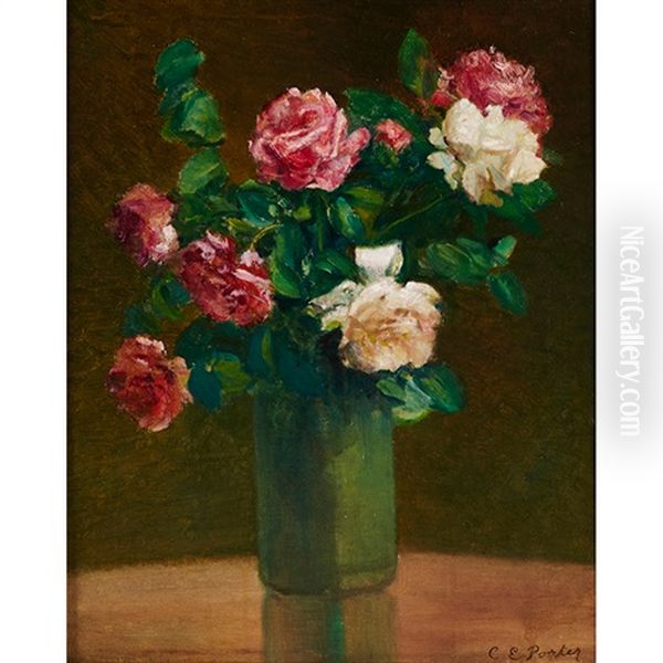 Roses In A Green Vase Oil Painting by Charles Porter