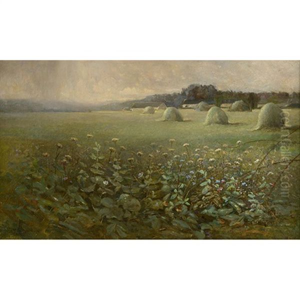 Landscape With Grain Stacks Oil Painting by Charles Porter