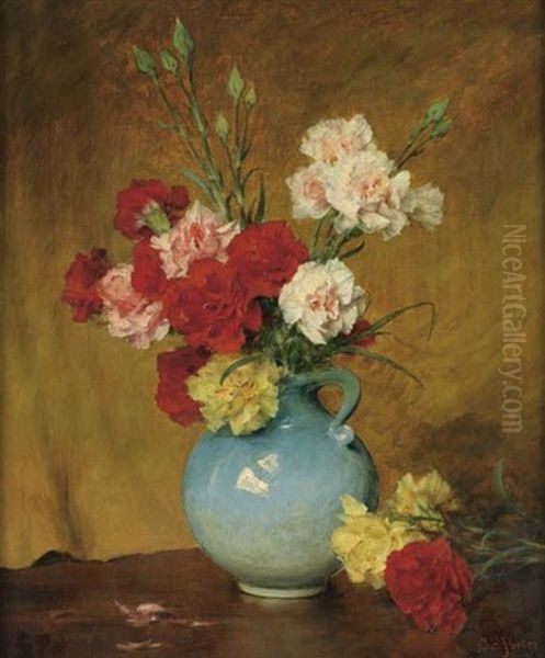 Untitled (peonies In A Blue Vase) Oil Painting by Charles Porter