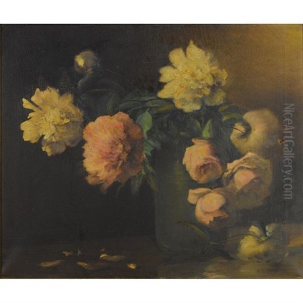 Peonies And Roses In A Green Vase Oil Painting by Charles Porter