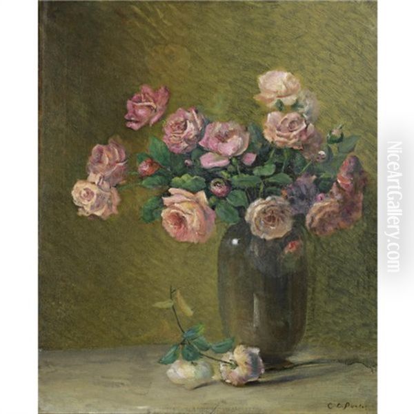 Pink Roses On A Table Oil Painting by Charles Porter