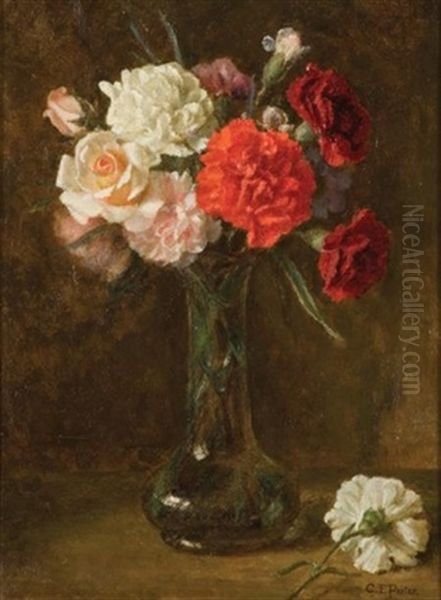 Carnations And Roses In A Glass Vase Oil Painting by Charles Porter