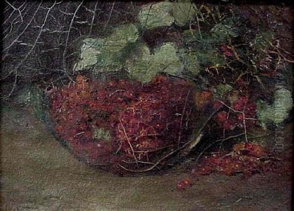 Still Life Of Berries In Clear Glass Bowl And Green Leaves Oil Painting by Charles Porter