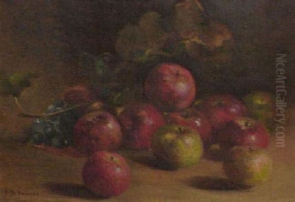 Still Life Of Red And Green Apples And Cluster Of Grapes Oil Painting by Charles Porter